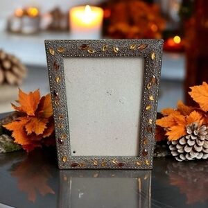 Vintage Crystal Incrusted Photo Frame Heavy Metal Floral Tabletop 6.5x4.5